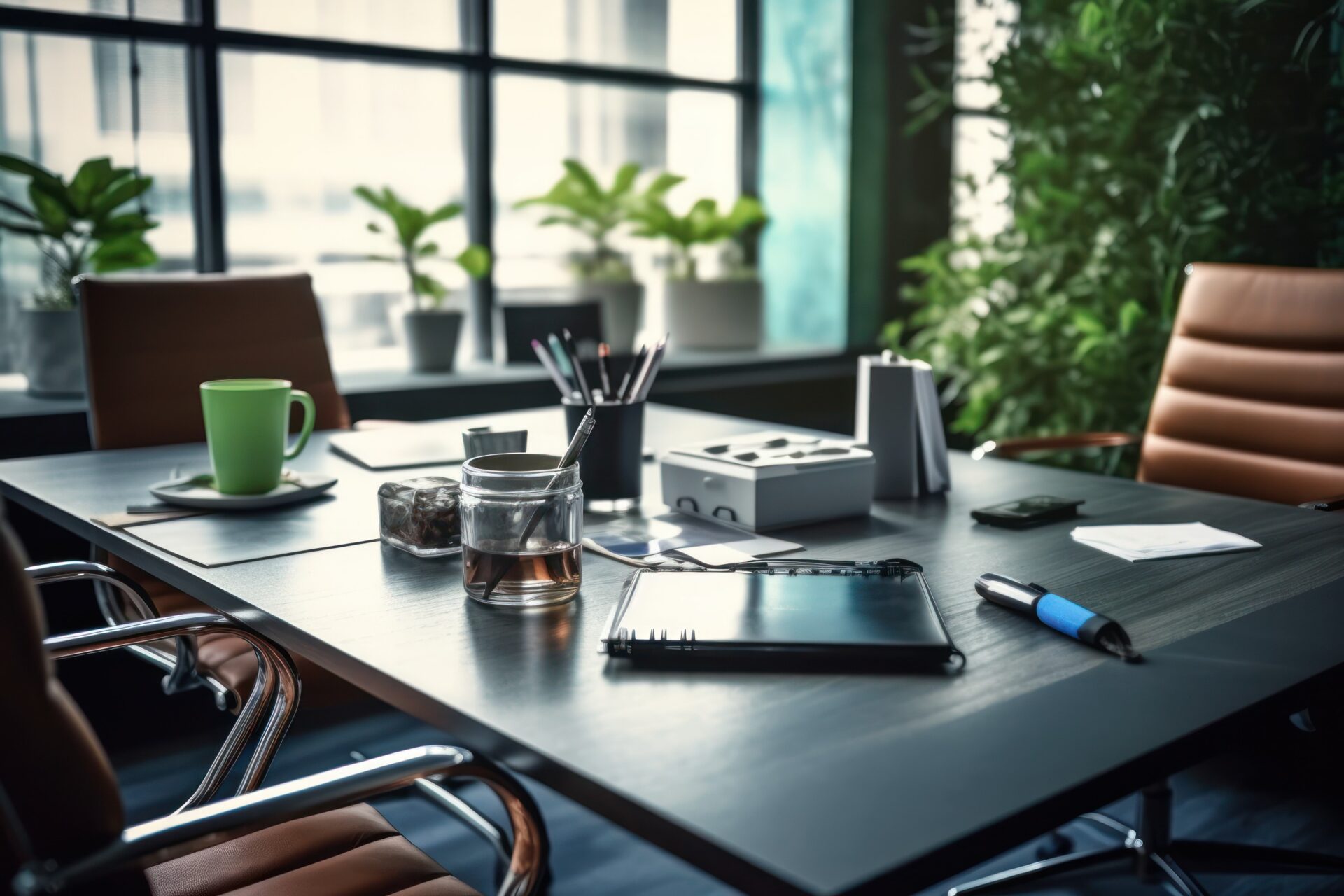 Modern office interior. Workplace with laptop, tablet and coffee cup